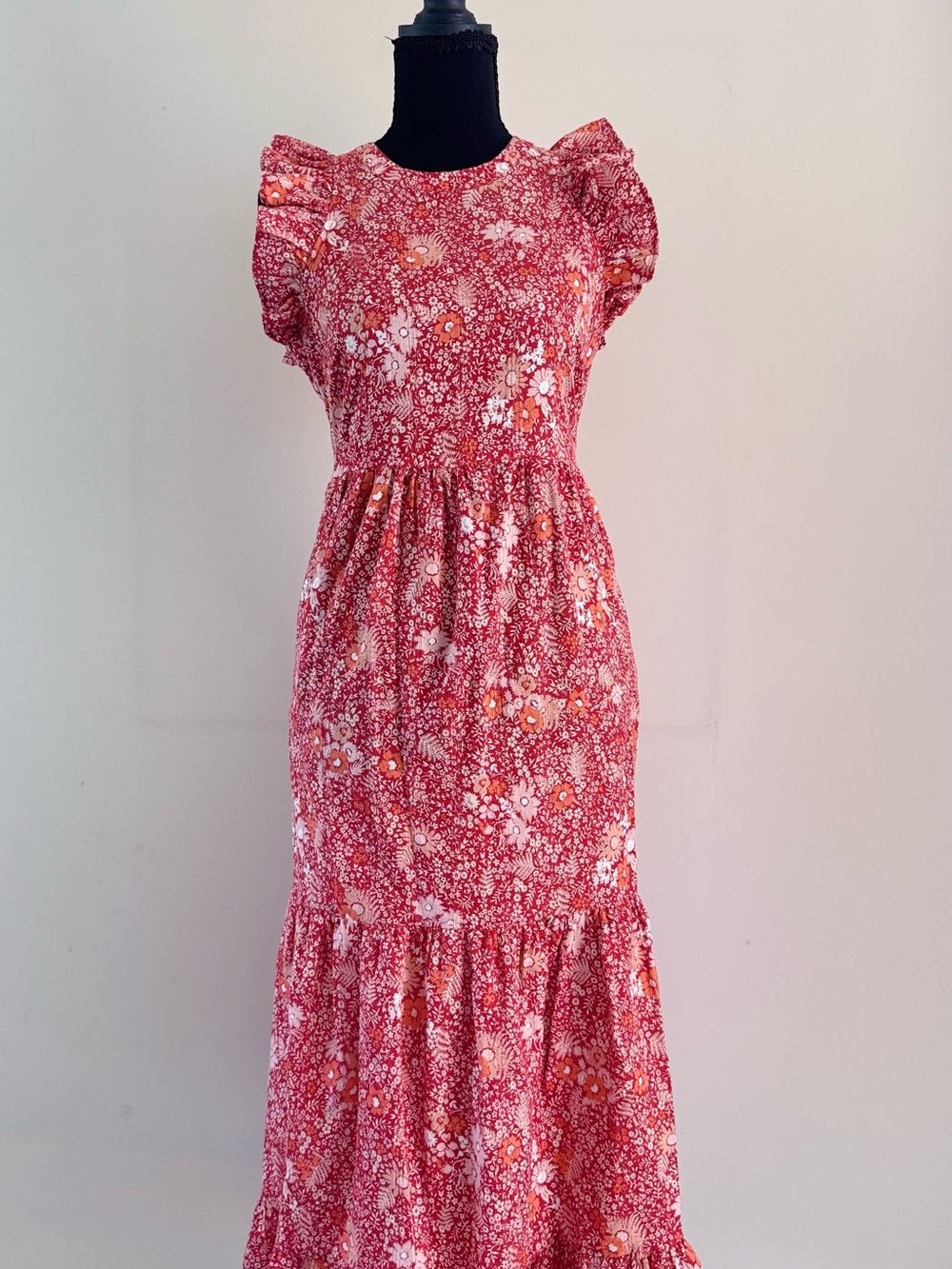 Universal Thread Red Floral Maxi Dress with Ruffle Sleeves